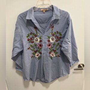 Striped Floral Embroidered Blouse